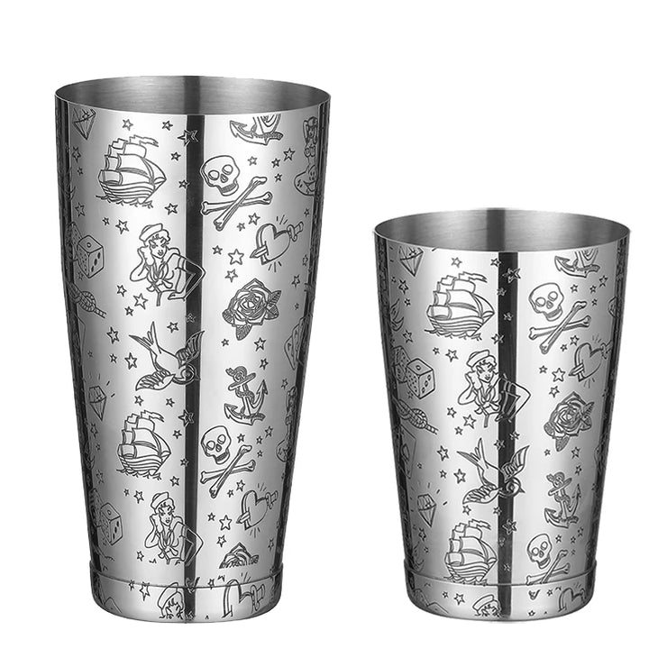 Boston Cocktail Shaker With Etched Pattern Martini Shaker Tin Set - 800ml & 500ml