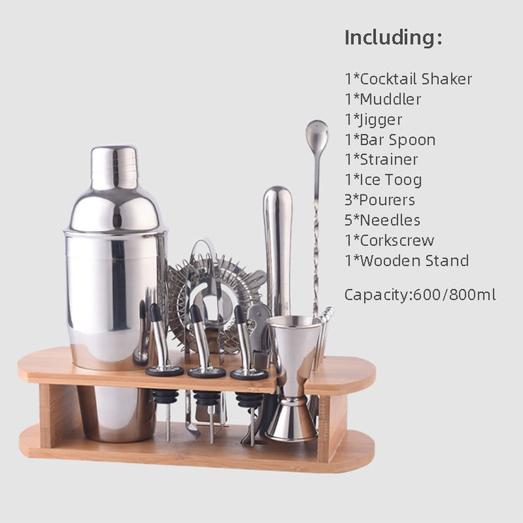 750ml/600ml Stainless Steel Cocktail Shaker Set Barware Tools with Wooden  Rack